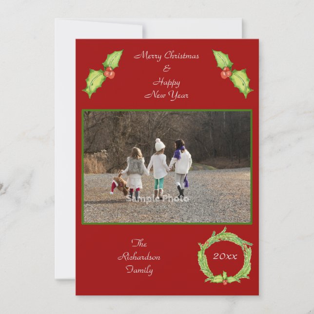 Tarjeta Festiva Foto personalizada de Holly Wreath Red Green (Anverso)