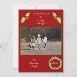Tarjeta Festiva Foto personalizada de Holly Wreath Red Green