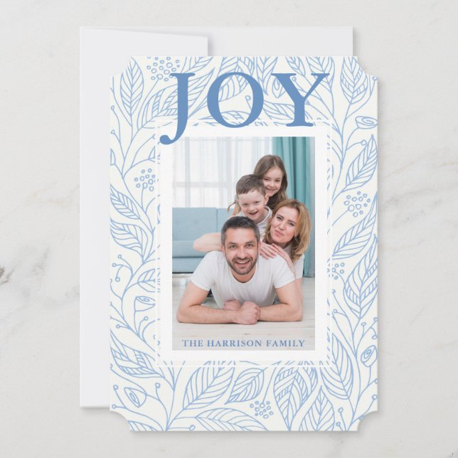 Tarjeta Festiva Foto personalizada de Joy Blue Floral Blanca (Anverso)
