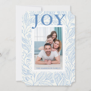 Tarjeta Festiva Foto personalizada de Joy Blue Floral Blanca