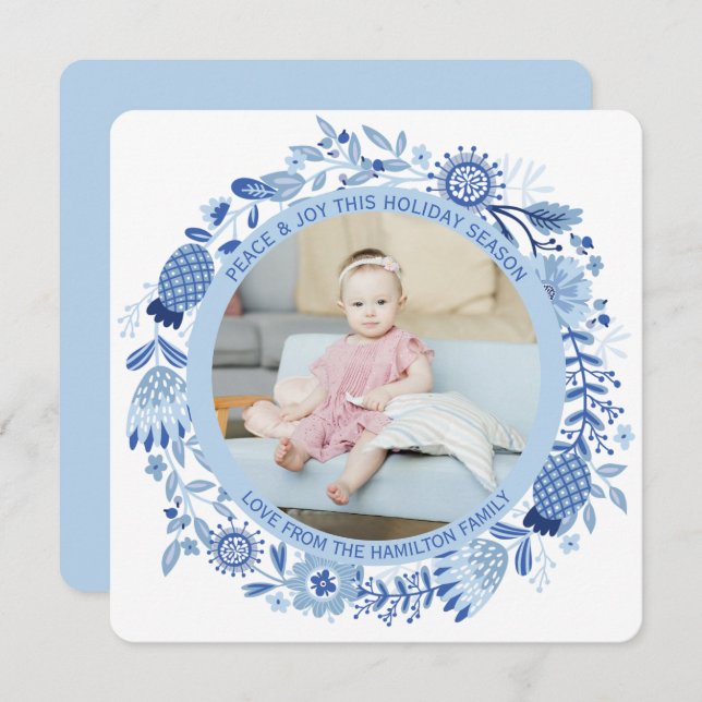 Tarjeta Festiva Foto personalizada de la guirnalda blanca azul en  (Anverso / Reverso)