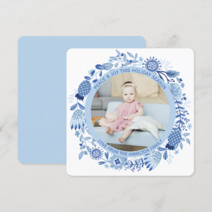 Tarjeta Festiva Foto personalizada de la guirnalda blanca azul en 