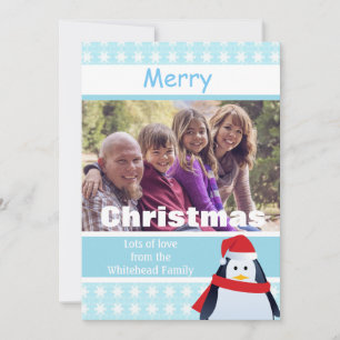 Tarjeta Festiva Foto personalizada de pingüino y copos de nieve