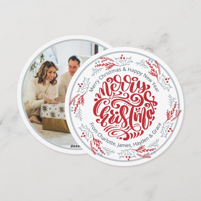 Tarjeta Festiva Foto personalizada de Wreath Merry Christmas (Anverso / Reverso)
