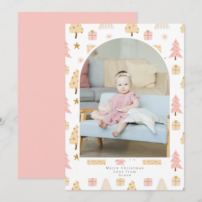 Tarjeta Festiva Foto personalizada del patrón rosado del árbol de  (Anverso / Reverso)