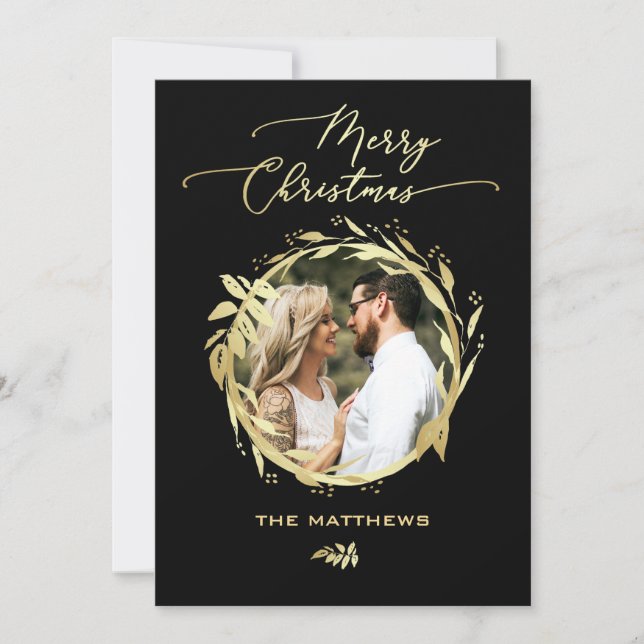 Tarjeta Festiva Foto personalizada Gold Black Merry Christmas (Anverso)