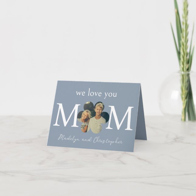 Tarjeta Festiva Foto Personalizada Te Amamos Mamá Azul Día de la M (Anverso)