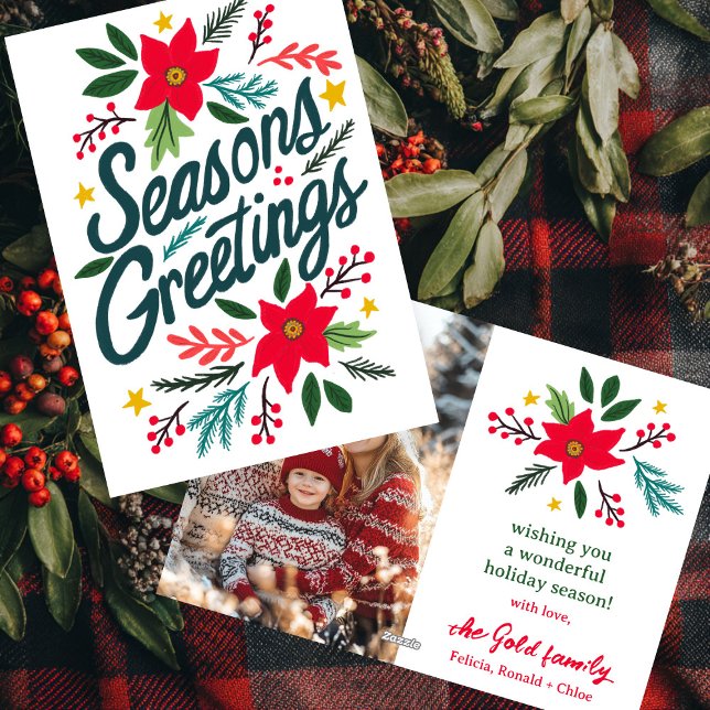 TARJETA FESTIVA FOTO PERSONALIZADO DE NAVIDADES DE TEMPORADA DE RE (SEASONS GREETINGS Christmas CUSTOM PHOTO hand Drawn Cute Modern Holiday Card
)