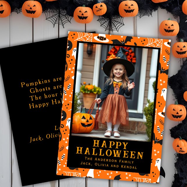 Tarjeta Festiva Foto Personalizado de Retro Vibes Feliz Halloween (Retro Vibes Custom Photo Happy Halloween Holiday Card)