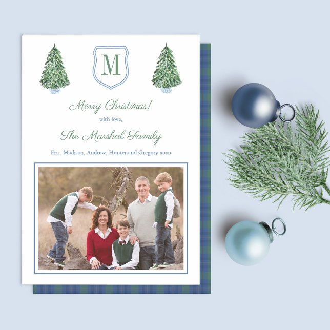 Tarjeta Festiva Foto Preppy Blue And Green Tartan Christmas Tree (Simple Blue Green Design with Christmas Trees and monogram crest. On the reverse is a matching plaid)