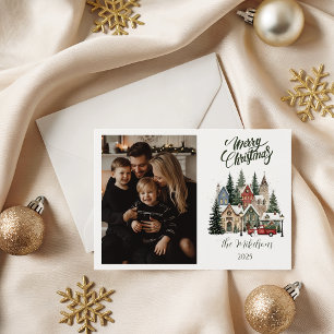 Tarjeta Festiva Foto Pueblo Navideño Vintage