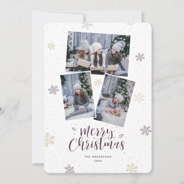 Tarjeta Festiva Foto Purple Gold Snowflake Fotos de las navidades  (Anverso)