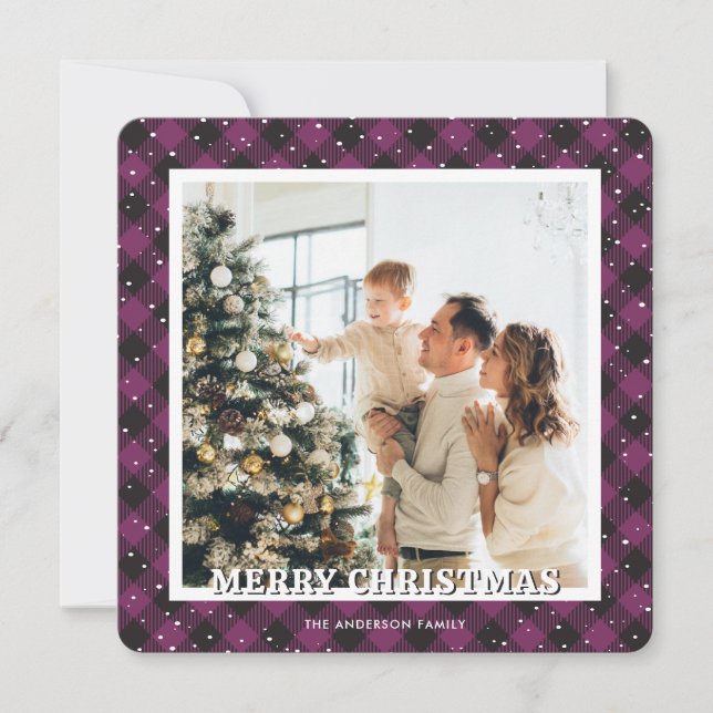 Tarjeta Festiva Foto Purple Plaid Snow Merry Christmas Card (Anverso)