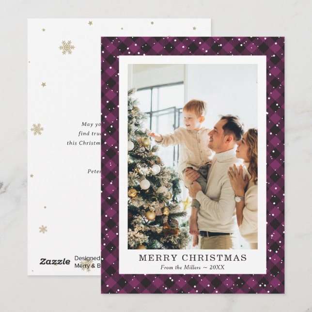 Tarjeta Festiva Foto Purple Plaid Snow Merry Christmas Card (Anverso / Reverso)