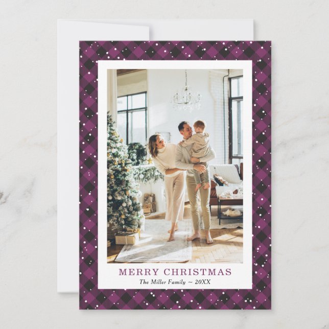 Tarjeta Festiva Foto Purple Plaid Snow Merry Christmas Card (Anverso)
