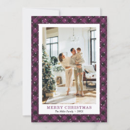 Tarjeta Festiva Foto Purple Plaid Snow Merry Christmas Card