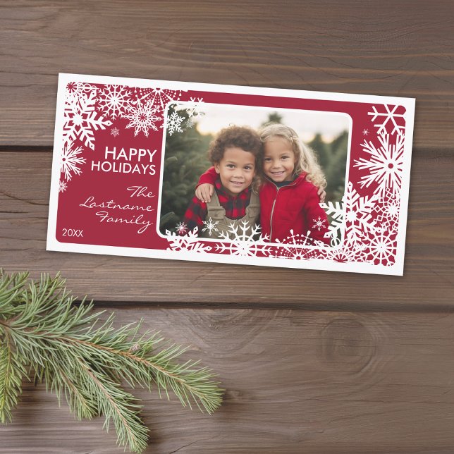 Tarjeta Festiva Foto - ¡Que nieve! Copos de nieve blancos rojos (A photo card with a Christmas theme. Add 1 photo and greeting. Download option available.)