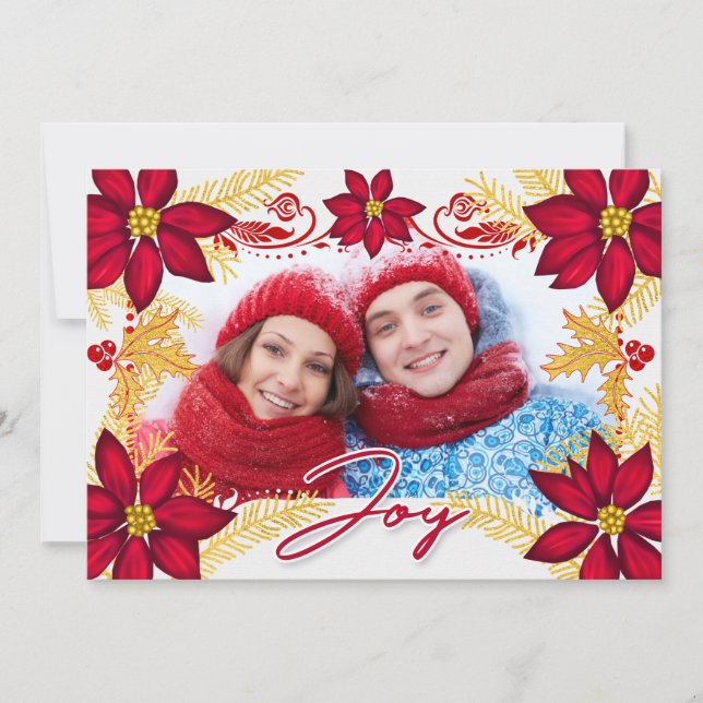 Tarjeta Festiva Foto Red Poinsettia Joy and Gold Pine Holiday Car (Anverso)