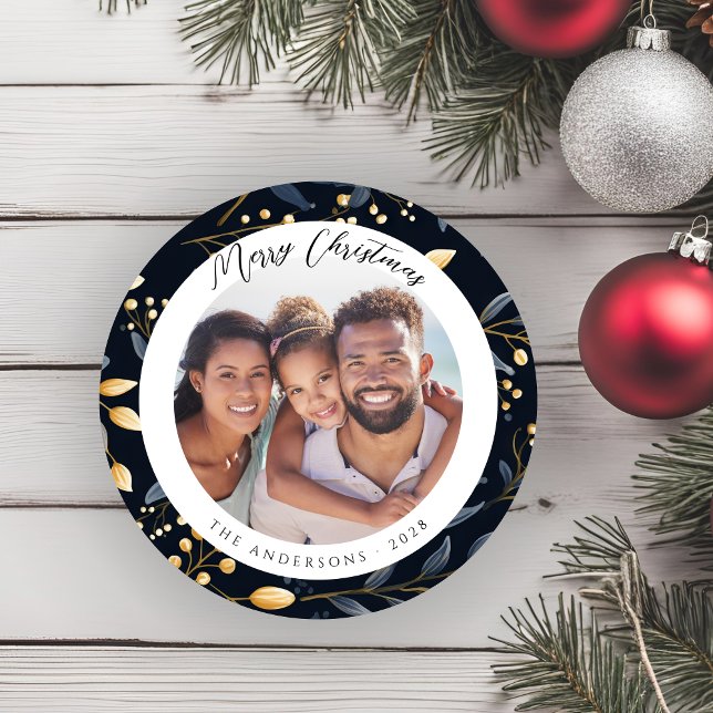 Tarjeta Festiva Foto redonda de hojas de Navidades modernos azules (Elegant Blue and Gold Leaves Round Christmas Card)