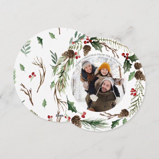 Tarjeta Festiva Foto redonda de Pinecone de Berry Forest (Anverso / Reverso)