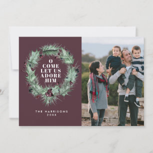 Tarjeta Festiva Foto religiosa de Plum Holly y Berry Wreath