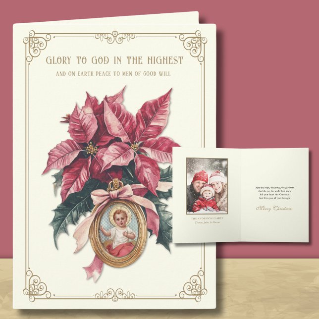 Tarjeta Festiva Foto Religiosa Jesús Escritura de Poinsettia (Subido por el creador)