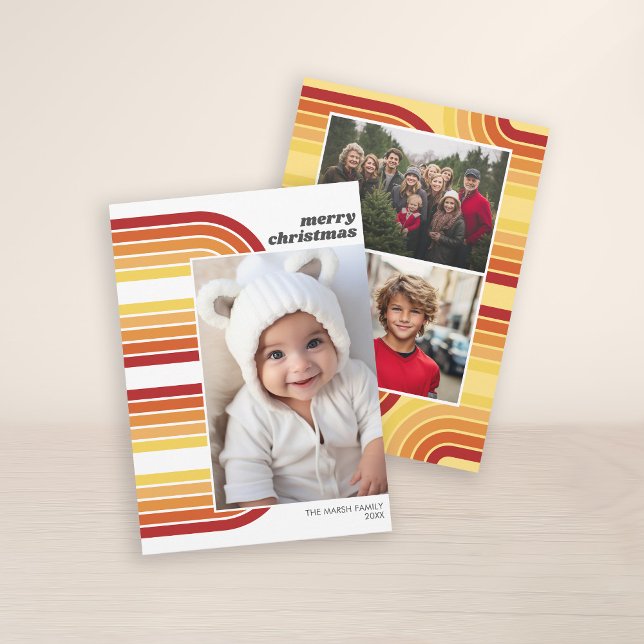 Tarjeta Festiva Foto Retro Arch Line Art y Off Center Pic (3 Photo Christmas Card with Retro 70s Stripes - Print and Download Option)