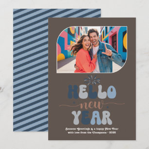 Tarjeta Festiva Foto Retro Azul Café Hola Año Nuevo