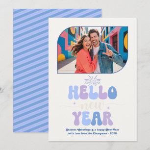 Tarjeta Festiva Foto Retro Azul Soñadora Campanilla Hola Año Nuevo