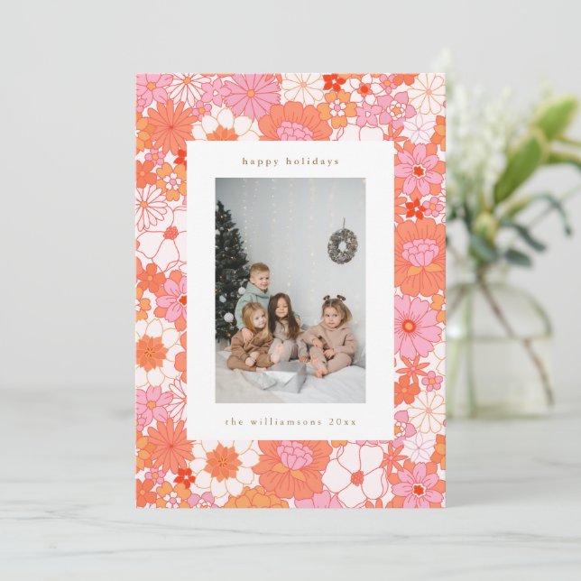 Tarjeta Festiva Foto retro boho rosa naranja floral linda (Anverso de pie)