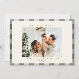 Tarjeta Festiva Foto Retro Buffalo Plaid Tartán Bosque Verde