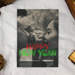 Tarjeta Festiva Foto retro de luces de neón de los 80 Feliz Año Nu
