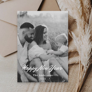Tarjeta Festiva Foto retro minimalista de año nuevo en blanco y ne
