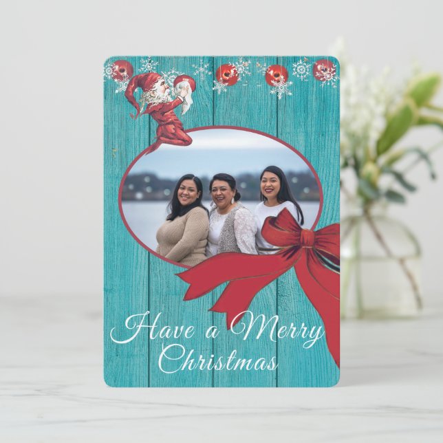 Tarjeta Festiva Foto Rustic Blue White Red Elf Family (Anverso de pie)
