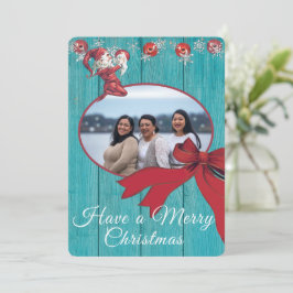 Tarjeta Festiva Foto Rustic Blue White Red Elf Family