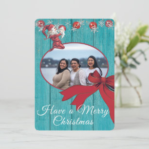 Tarjeta Festiva Foto Rustic Blue White Red Elf Family