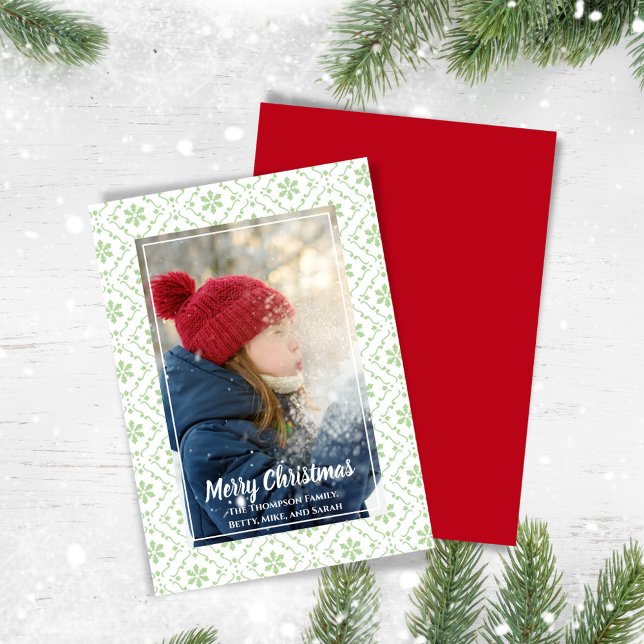 Tarjeta Festiva Foto Rustic Green Merry Christmas One (Merry Christmas photo card with green snowflake pattern,)