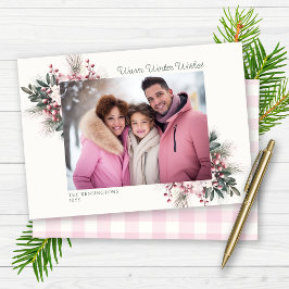 Tarjeta Festiva Foto Rustic Pink Gingham Plaid Floral Feriada
