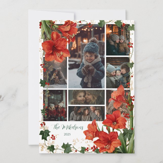 Tarjeta Festiva Foto Rustic Red Amaryllis Navidades (Anverso)