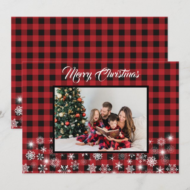 Tarjeta Festiva Foto Rustic Red Black Buffalo Plaid Family (Anverso / Reverso)