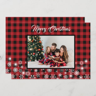 Tarjeta Festiva Foto Rustic Red Black Buffalo Plaid Family