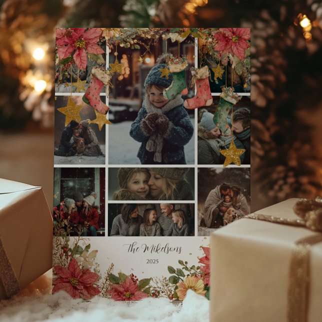 Tarjeta Festiva Foto Rustic Stockings y Navidades de Poinsettias (Subido por el creador)