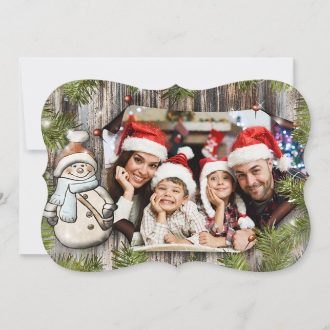 Tarjeta Festiva Foto Rustic Wood Snowman Frame Fancy Cut (Anverso)