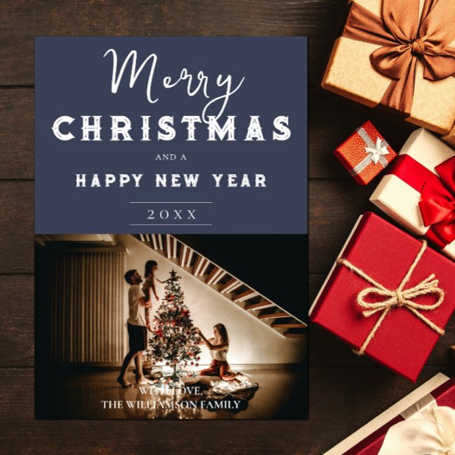 Tarjeta Festiva Foto simple de Navidades | Azul (Blue Simple Christmas Photo Holiday Card)