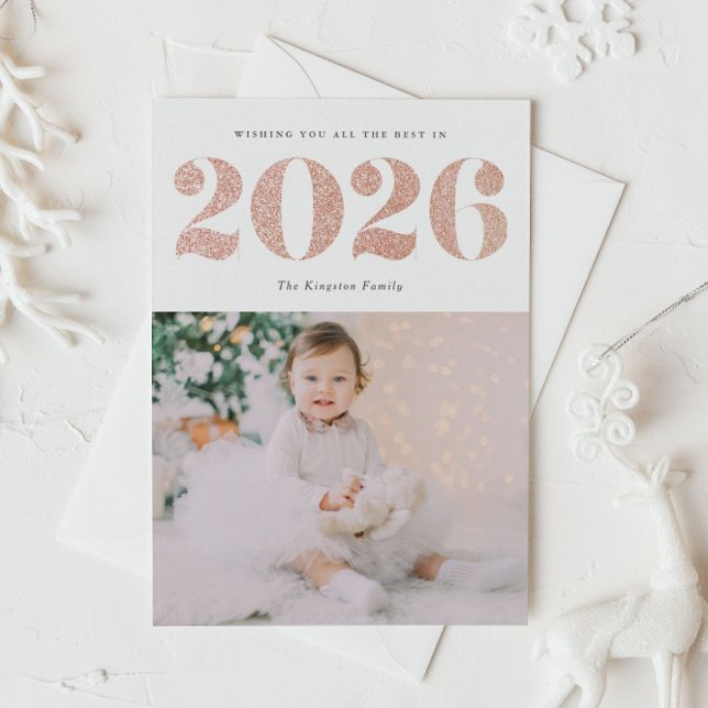 Tarjeta Festiva Foto subió de la Feliz Año Nuevo del purpurina del (Customizable photo 2026 Happy New Year card featuring festive faux rose gold foil glitter.)