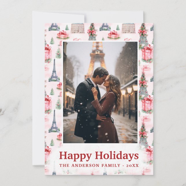 Tarjeta Festiva Foto Torre Eiffel Moda Navidades rosados de París (Anverso)