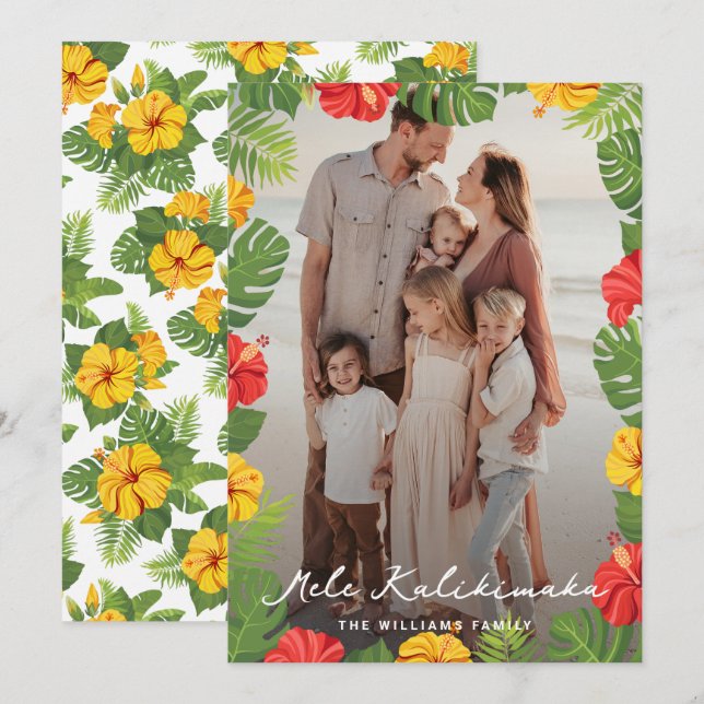 Tarjeta Festiva Foto Tropical Floral Hawaiana Mele Kalikimaka (Anverso / Reverso)