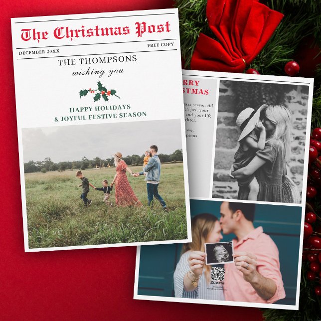 Tarjeta Festiva Foto única de familia de periódico de navidades (Christmas Newsletter Newspaper Family Photo Unique Holiday Card)