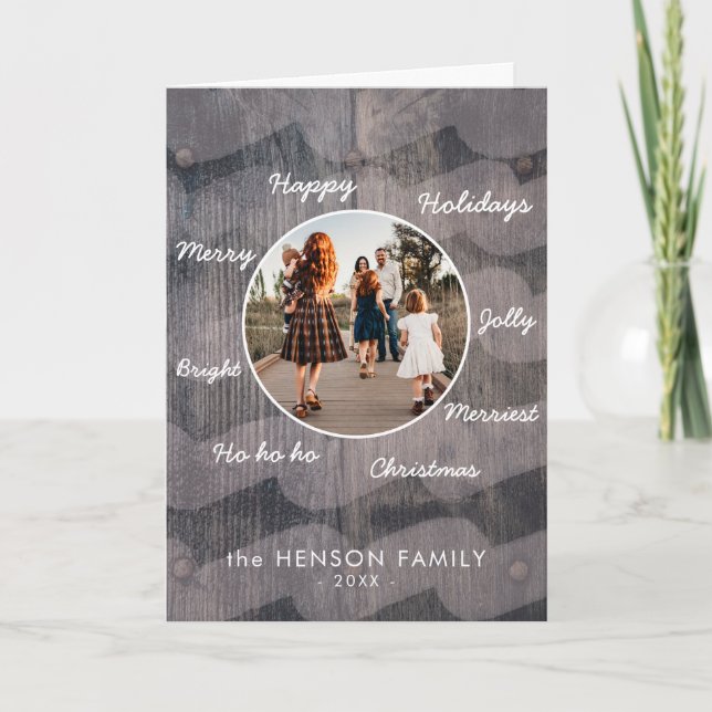 Tarjeta Festiva Foto única de la familia de Navidades de Madera Ru (Anverso)