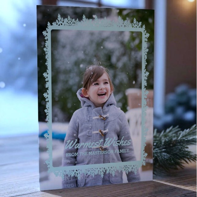 Tarjeta Festiva Foto verde azulada de festividad del marco de Snow (Teal Snowflake Frame Holiday Photo Card)